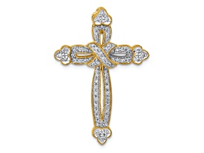 14k Yellow Gold and Rhodium Over 14k Yellow Gold Diamond Budded Cross Chain Slide Pendant