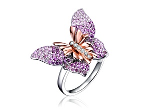 Multi Color Cubic Zirconia, Rhodium Plated over Sterling Silver Butterfly Ring