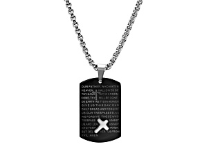 Black Ion-Plated Stainless Steel "Our Father" Prayer Dog Tag Pendant With Chain