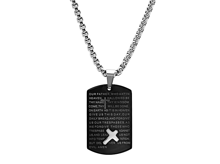 Black Ion-Plated Stainless Steel "Our Father" Prayer Dog Tag Pendant With Chain