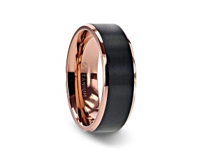 STEPHEN Rose Gold Plated Black Titanium Flat Brushed Wedding Ring With Beveled Polished Edges 8mm