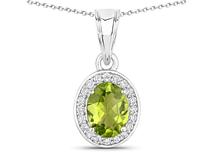Olive Green Peridot and Lab Grown Diamond Rhodium Over Silver Oval Pendant with Chain 1.90ctw