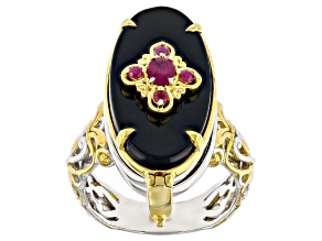 Black Onyx Rhodium & 24K Yellow Gold Over Palladium Sterling Silver Locket Ring 0.31ctw