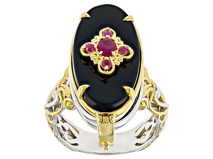 Black Onyx Rhodium & 24K Yellow Gold Over Palladium Sterling Silver Locket Ring 0.31ctw