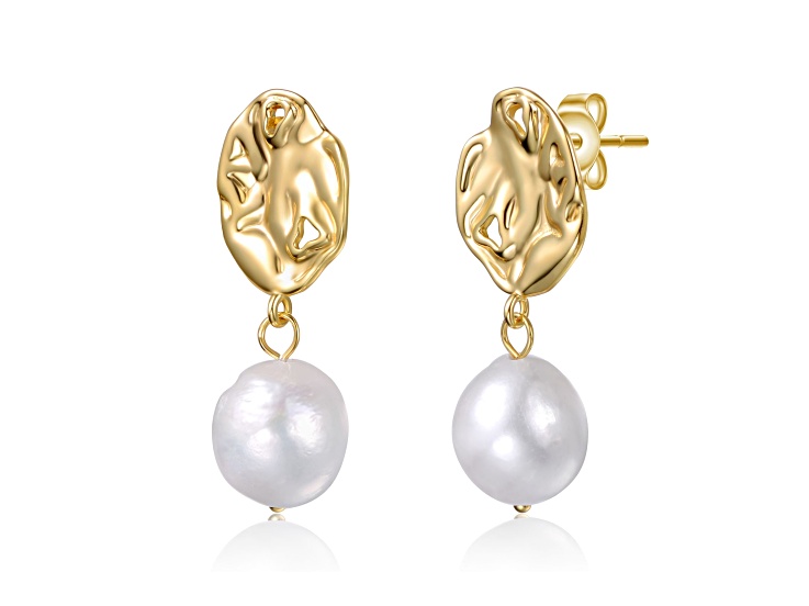 White Freshwater Pearl, 14K Gold Plated over Sterling Silver Crinkled Drop Earrings