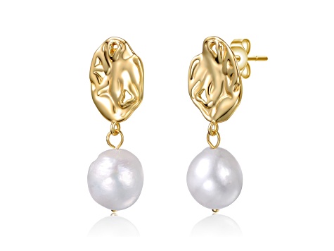 White Freshwater Pearl, 14K Gold Plated over Sterling Silver Crinkled Drop Earrings
