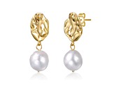 White Freshwater Pearl, 14K Gold Plated over Sterling Silver Crinkled Drop Earrings
