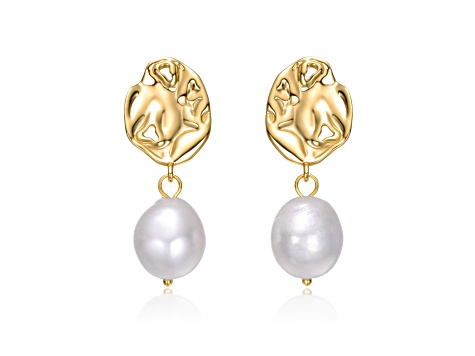White Freshwater Pearl, 14K Gold Plated over Sterling Silver Crinkled Drop Earrings