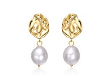 White Freshwater Pearl, 14K Gold Plated over Sterling Silver Crinkled Drop Earrings