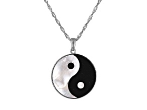Black Onyx, Mother of Pearl Round Ying Yang Pendant in Sterling Silver Necklace 6.85ctw