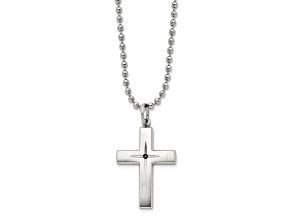 Stainless Steel Brushed and Polished Black Diamond Accent Cross Necklace