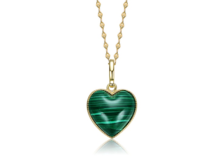Emerald Green Heart Malachite, 14K Gold Plated over Sterling Silver Pendant Necklace