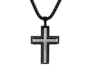 Black and White Stainless Steel and 0.50ctw Black and White Diamond Cross Pendant With Chain