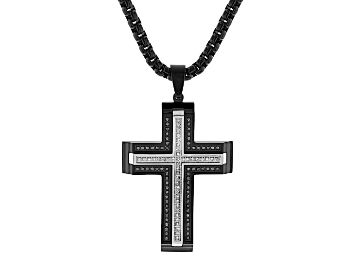 Black and White Stainless Steel and 0.50ctw Black and White Diamond Cross Pendant With Chain