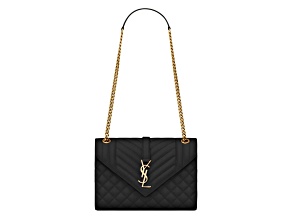 Yves Saint Laurent Envelope Medium in Quilted Grain de Poudre Embossed Black Leather- Brass Accents