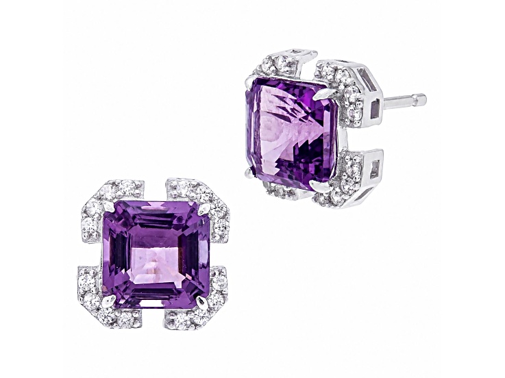 Asscher Amethyst with Round White Zircon Rhodium Over Sterling Silver Halo Earrings 4.22Cttw