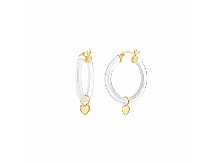 14K Yellow Gold Over Sterling Silver Acrylic Mini Heart Charm Hoop Earrings in Clear