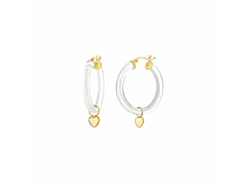 14K Yellow Gold Over Sterling Silver Acrylic Mini Heart Charm Hoop Earrings in Clear