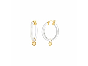 14K Yellow Gold Over Sterling Silver Lucite Mini Heart Charm Hoop Earrings in Clear