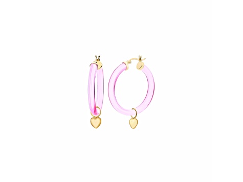 14K Yellow Gold Over Sterling Silver Acrylic Mini Heart Charm Hoop Earrings in Pink