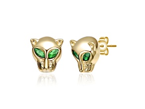 14K Gold Plated over Brass with Emerald Green Cubic Zirconia Eyes, Animal Face Stud Earrings