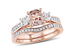 Morganite, Created White Sapphire and Diamond 10K Rose Gold Ring 1.27ctw