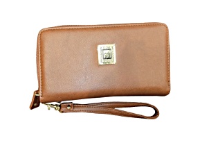 Stone Mountain Crunch Leather Large Double Zip Around Wallet with Wristlet Strap Cognac
