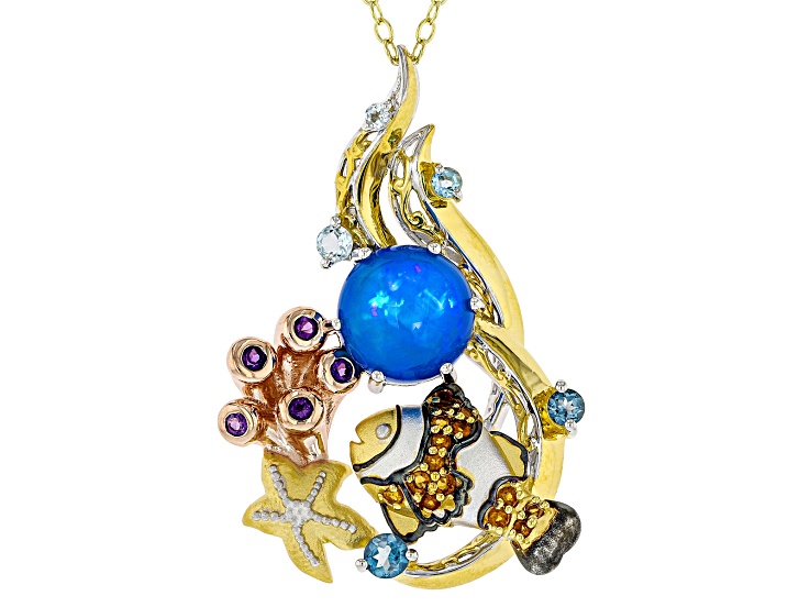 Blue Paraiba Opal & Multi Gemstone Rhodium, 18k Rose & 24k Gold Over Palladium Silver Pendant