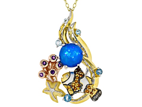 Blue Paraiba Opal & Multi Gemstone Rhodium, 18k Rose & 24k Gold Over Palladium Silver Pendant