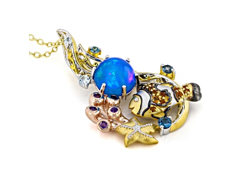 Blue Paraiba Opal & Multi Gemstone Rhodium, 18k Rose & 24k Gold Over Palladium Silver Pendant