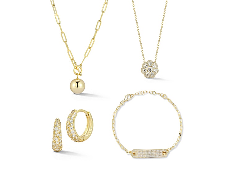 Rachel Zoe "Pave' All Day" 14K Yellow Gold Over Sterling Silver Cubic Zirconia Pave 4-Piece Set