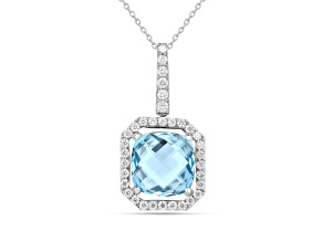 Blue Topaz with Moissanite Rhodium Over Sterling Silver Halo Style Necklace