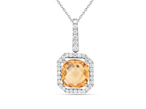 Yellow Citrine With Moissanite Rhodium Over Sterling Silver Halo Style Necklace