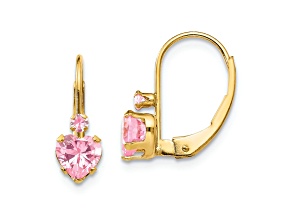 14K Yellow Gold Pink Cubic Zirconia Heart Dangle Earrings
