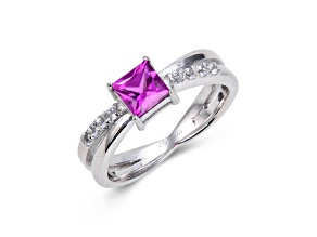 Square Lab Created Purple Sapphire and White Topaz Sterling Silver Crossover Split Shank Ring