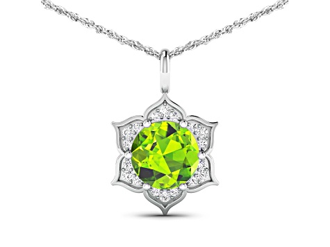 1.85ctw 14K White Gold Round Peridot and White Diamond Pendant with 18 inch Cable Chain