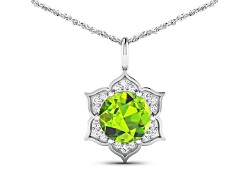 Picture of 1.85ctw 14K White Gold Round Peridot and White Diamond Pendant with 18 inch Cable Chain