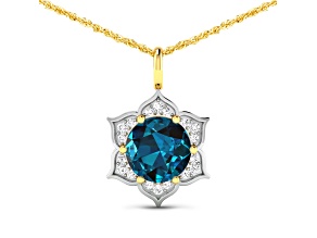 2.05ctw 14K Yellow Gold Blue London Blue Topaz and White Diamond Pendant with 18 inch Cable Chain