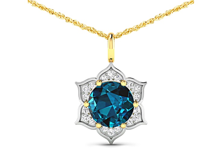 2.05ctw 14K Yellow Gold Blue London Blue Topaz and White Diamond Pendant with 18 inch Cable Chain