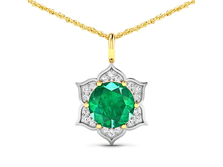 1.80ctw 14K Yellow Gold Zambian Emerald and White Diamond Pendant with 18 inch Cable Chain