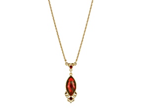 1928 Jewelry Gold Tone Brass Red Filigree Pendant Pendant With Chain 16 Inch Adjustable
