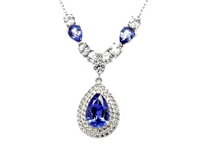 Pear Shape Tanzanite and White Zircon Rhodium Over Sterling Silver Necklace