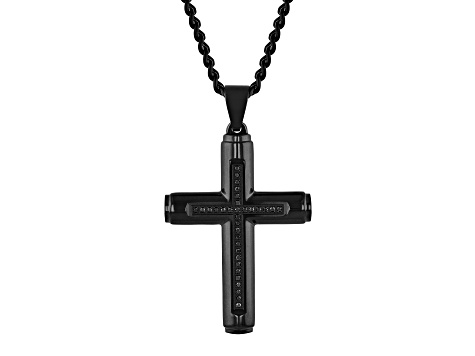 Black Ion-Plated Stainless Steel and Black Diamond Cross Pendant With Chain 0.17ctw