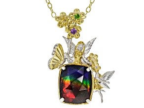 Multi-Color Ammolite Rhodium & 24k Yellow Gold Over Palladium Silver Pendant W/ Chain 0.11ctw