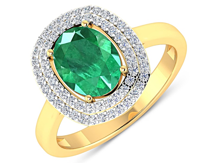 1.81ctw Green Emerald and Diamond 14K Yellow Gold Halo Ring