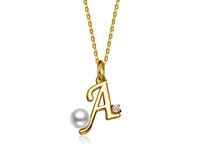 White Pearl, Personalized 14K Gold Plated over Brass Initial Pendant Necklace for Teens