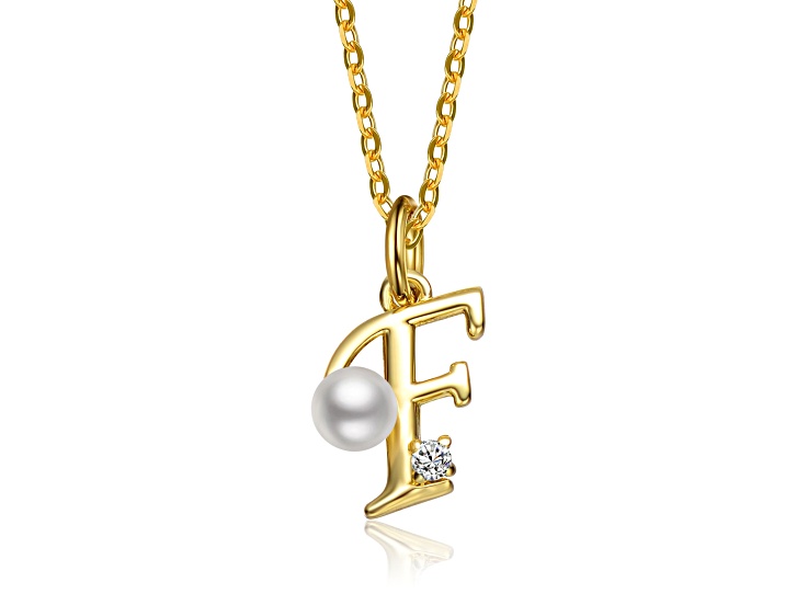 White Pearl, Personalized 14K Gold Plated over Brass Initial Pendant Necklace for Teens