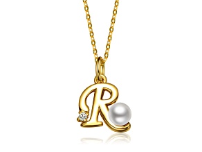 White Pearl, Personalized 14K Gold Plated over Brass Initial Pendant Necklace for Teens