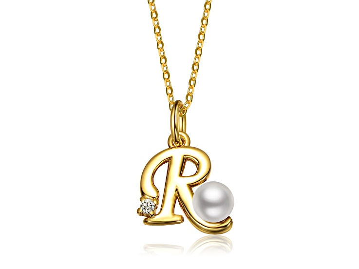 White Pearl, Personalized 14K Gold Plated over Brass Initial Pendant Necklace for Teens