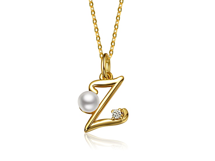 White Pearl, Personalized 14K Gold Plated over Brass Initial Pendant Necklace for Teens